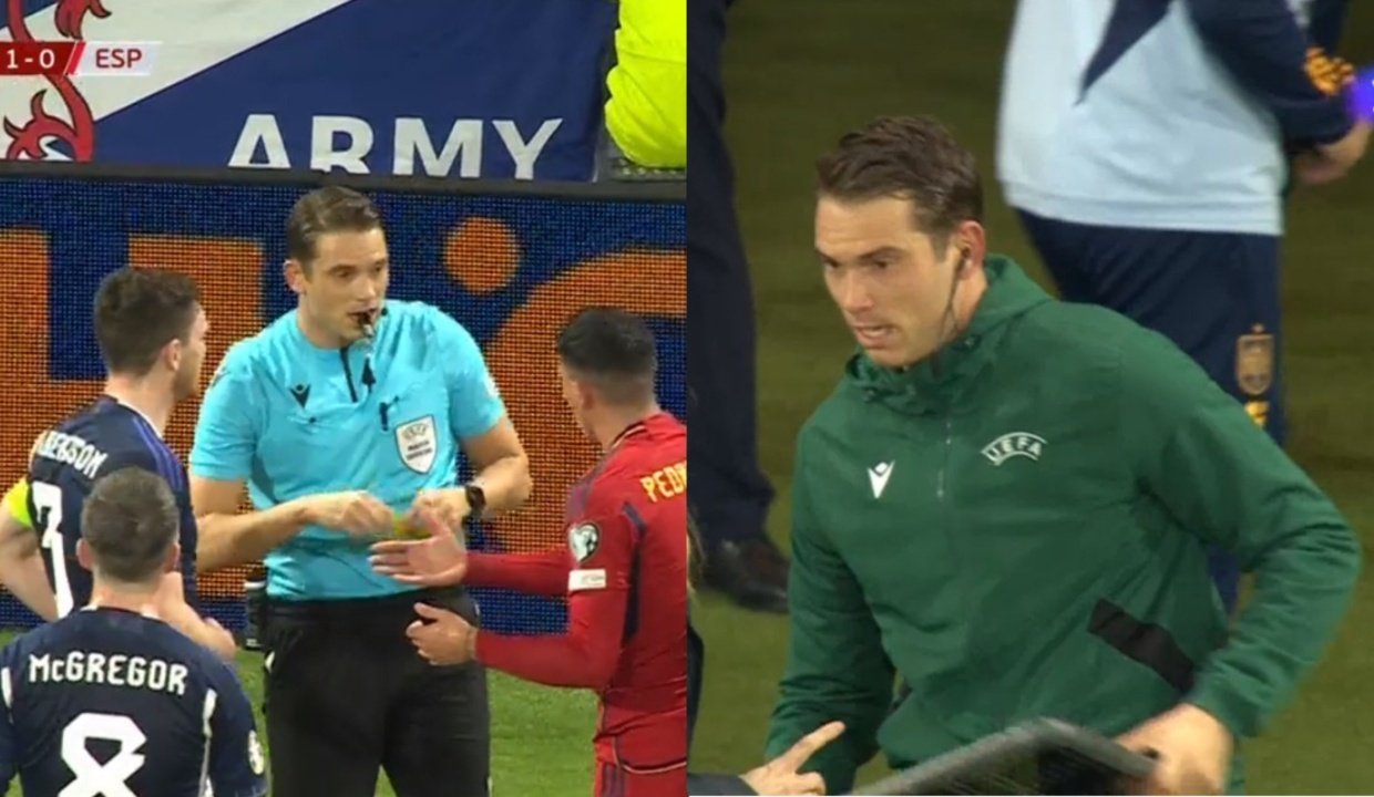 El Escocia-España cambió de árbitro principal tras el descanso por lesión. Captura/La1