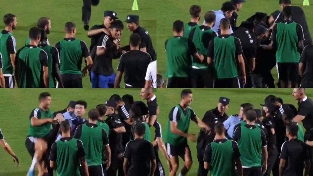 A reação de Cristiano Ronaldo à detenç4ao de um fã. Captura/Goal
