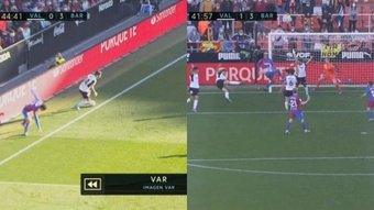 Gayà não evitou a saída da bola e o gol de Soler foi anulado. Captura/MovistarLaLiga