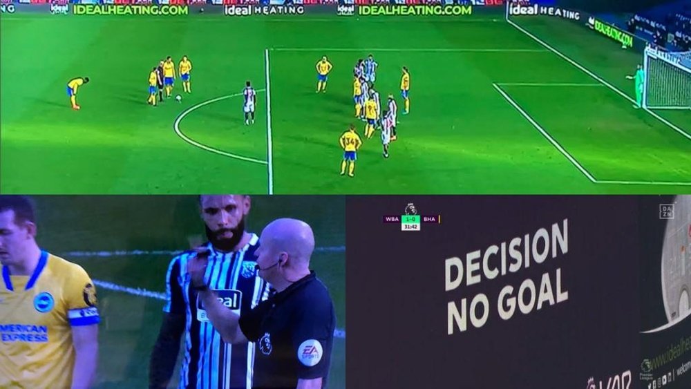 Lewis Dunk had a quick free-kick disallowed by VAR at WBA. Screenshots/DAZN