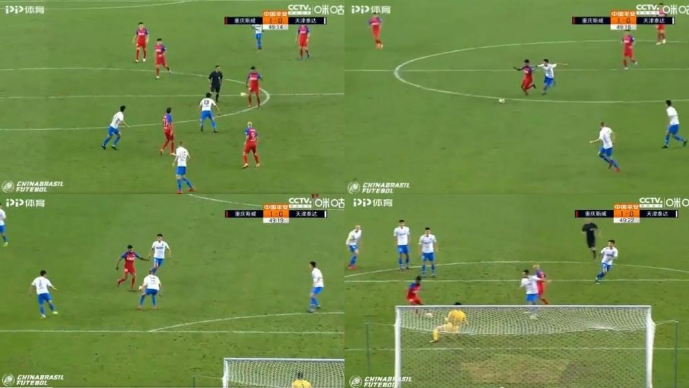 Fernandinho fez fila para marcar o gol da vitória na Liga Chinesa. Capturas/CCTV