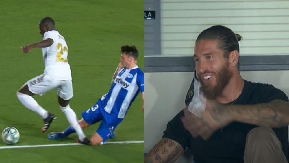 La expresiva reacción de Ramos al penalti a Mendy. Captura/Movistar+