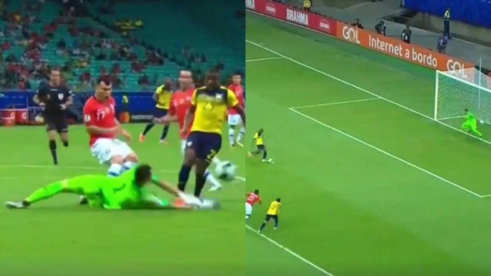 Valencia castigó el penalti de Arias con una definición (casi) imparable. Captura/DAZN