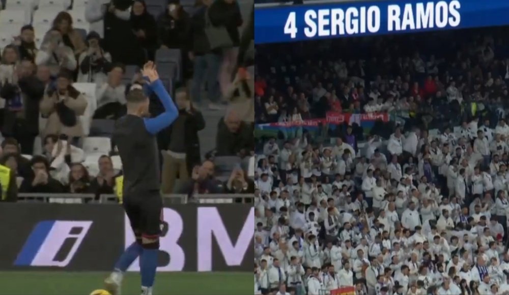 Recepção tímida a Ramos e algumas vaias seu retorno ao Bernabéu. Captura/RealMadridTV