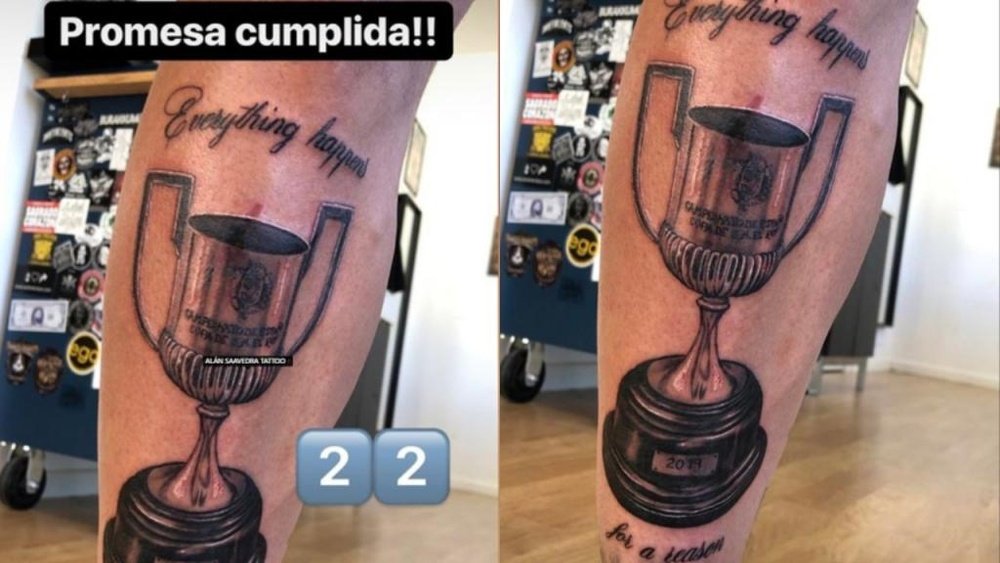 Santi Mina now had the Copa del Rey tattooed on his leg. Instagram/alan.tattooartist