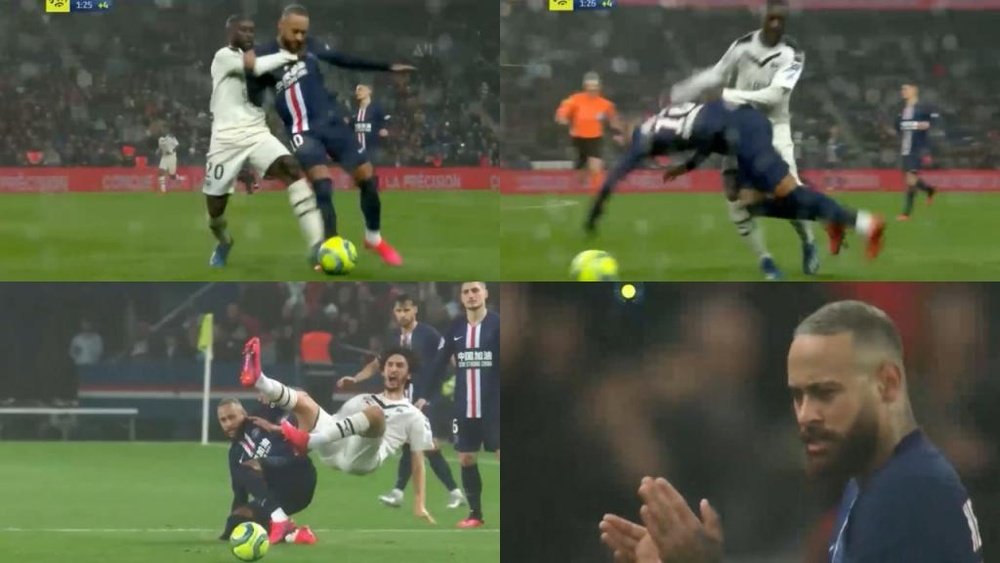 Así fue la roja de Neymar ante el Girondins. Capturas/Canal+