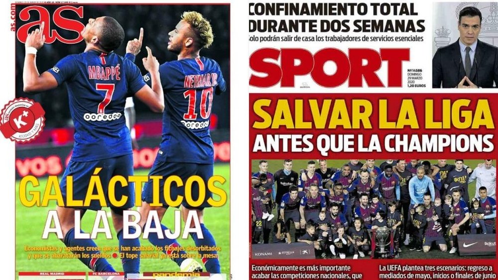 Les Unes des journaux sportifs en Espagne du 29 mars 2020. Montage as/sport