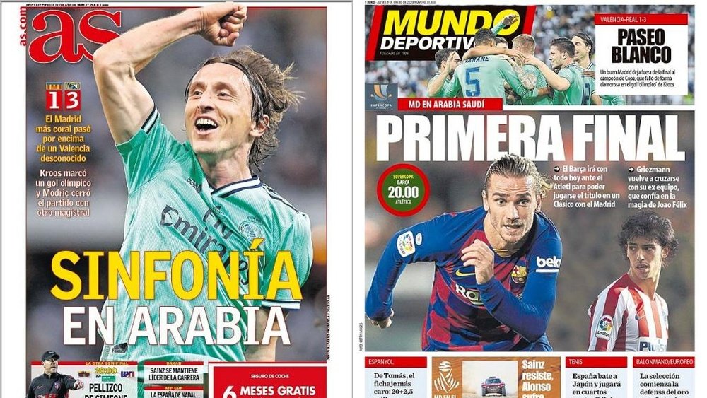Les Unes des journaux sportifs en Espagne du 09/01/2020. Montage/AS/MundoDeportivo
