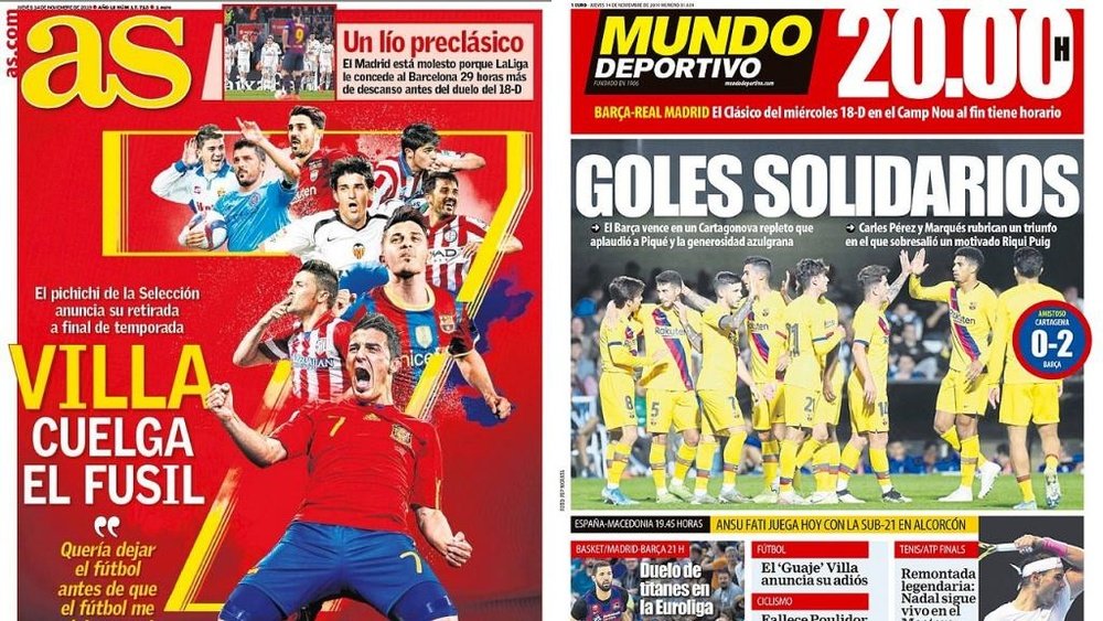 Montagem das capas dos jornais AS e Mundo Deportivo de 14-11-19. Montaje/AS/MD