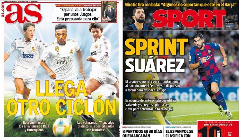 La Une des journaux sportifs en Espagne du 08 novembre 2019. Montage/AS/Sport
