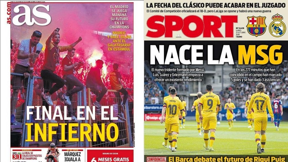 Capas dos jornais AS e Sport 21-10-19. Montagem/AS/Sport