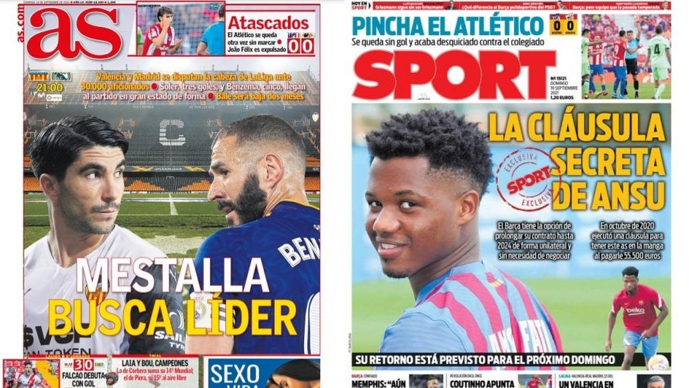 As capas da imprensa de 19 de setembro de 2021. Montagem/AS/Sport