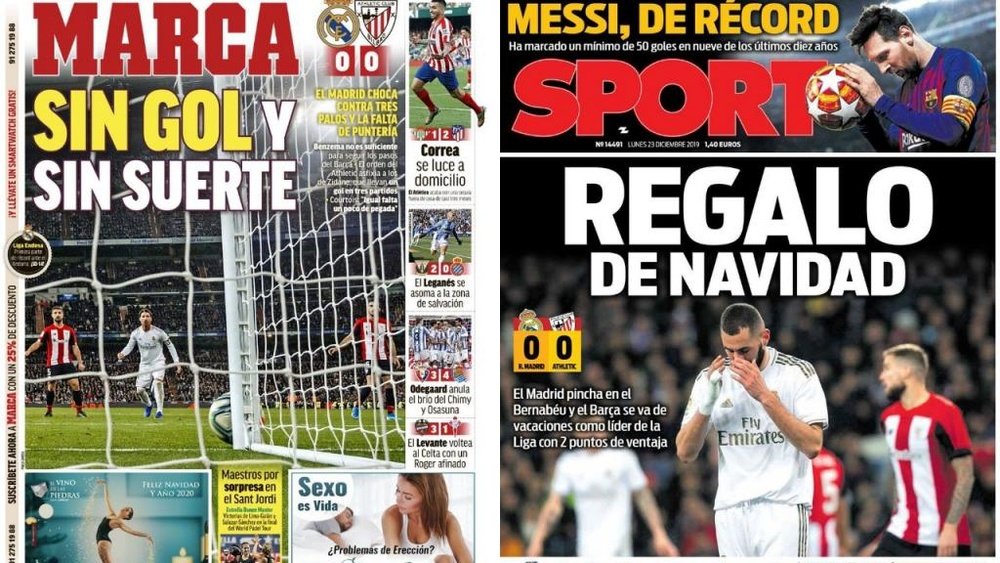 Les Unes des journaux sportifs en Espagne du 23/12/2019. Montage/Marca/Sport