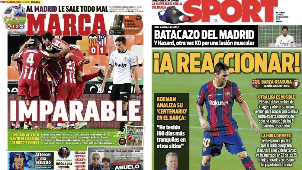 As capas da imprensa esportiva de 29 de novembro de 2020. Marca/Sport