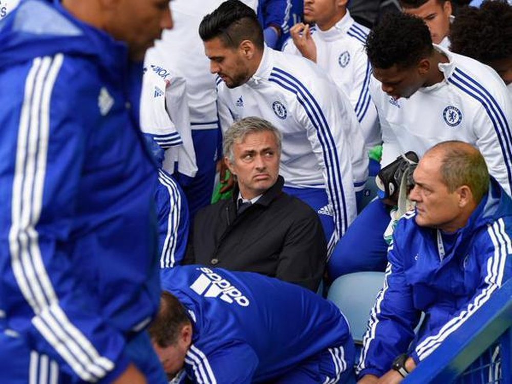Mourinho, sitting in the bench at Stamford Bridge. Twitter