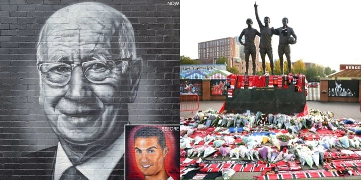 Pintan un mural de Bobby Charlton encima de uno de Cristiano cerca de Old Trafford