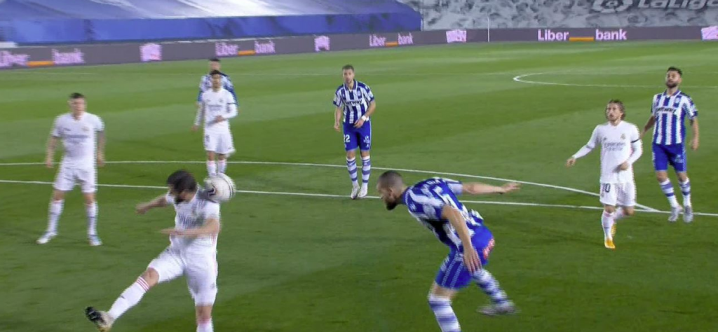 Nacho penalised for handball despite ball hitting him above T-shirt line!