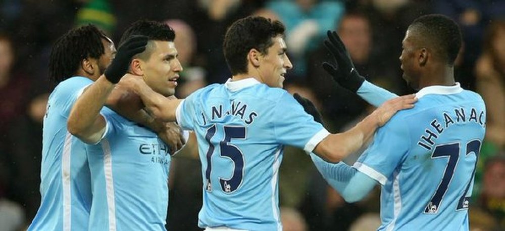 Navas, Agüero, Iheanacho y Sagna celebran un gol del Manchester City. Twitter