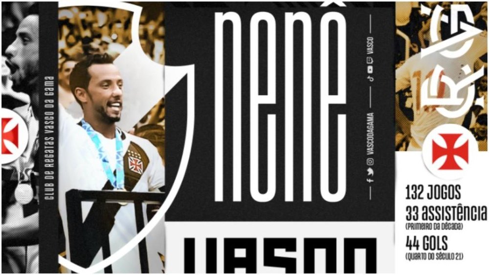 Nené jugará en Vasco da Gama hasta finales de 2022. Captura/Vasco