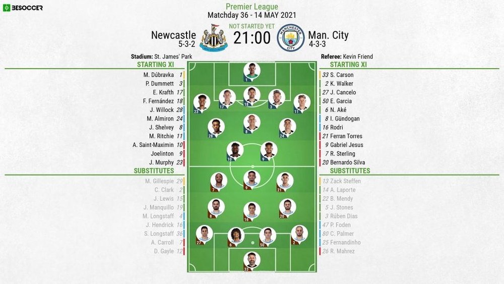 Newcastle v Man City - Premier League - 14/05/2021 - official line-ups. BeSoccer