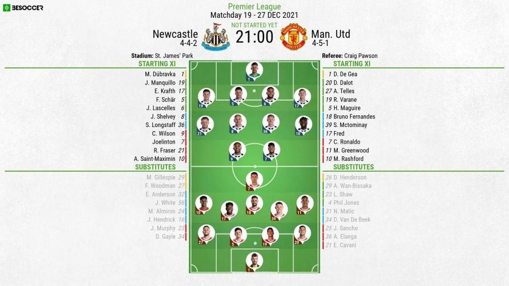 Newcastle v Man Utd, Premier League 2021/22, 27/12/2021, matchday 19 - Official line-ups. BeSoccer