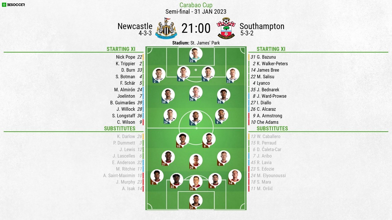 Newcastle v Southampton, Carabao Cup 2022/23, semi-finals 2nd leg, 31/01/2023, line-ups. BeSoccer