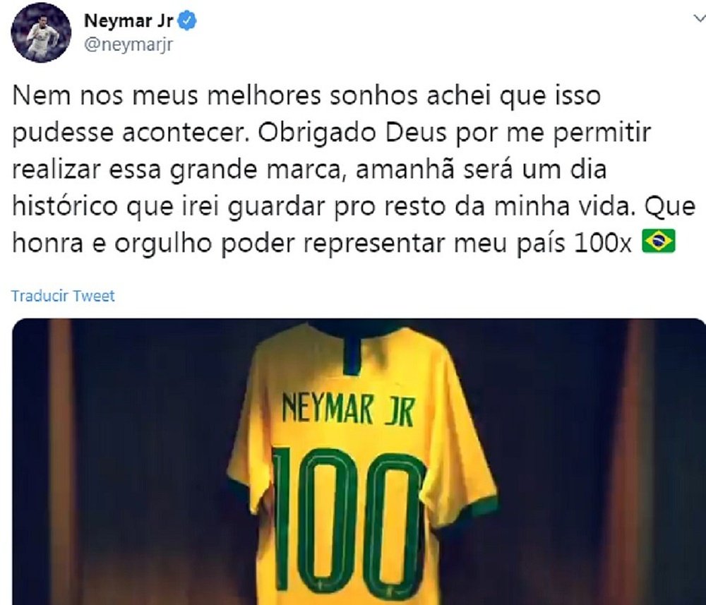 Neymar compartilhou a emoção de atingir a marca de 100 jogos. Captura/Twitter/NeymarJr