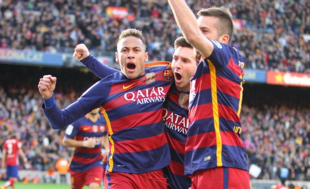 Neymar, Messi y Jordi Alba celebran el tanto del argentino ante el Atlético de Madrid. Twitter
