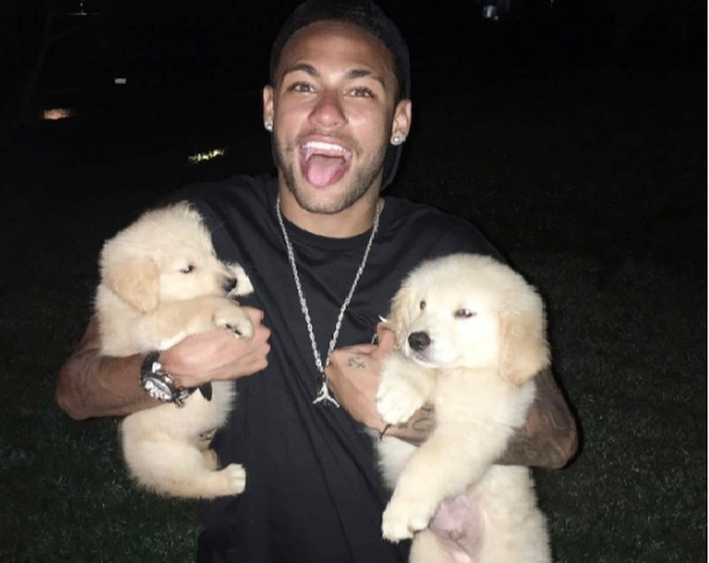 Neymar posing with his two new dogs. Instagram/@neymarjr