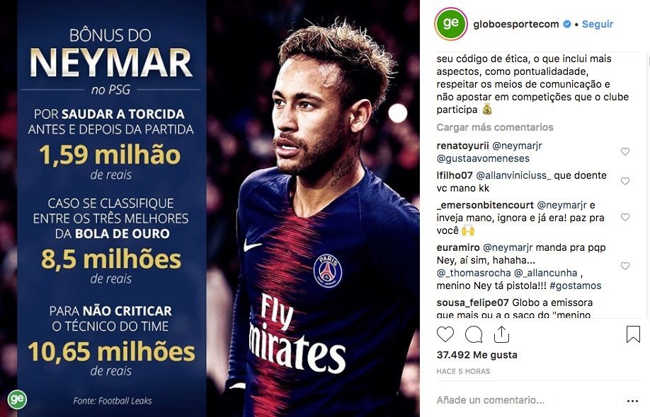 Neymar no se pudo resistir y contestó públicamente. Instagram/globoesportecom