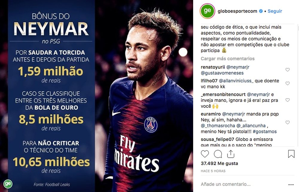 Neymar no se pudo resistir y contestó públicamente. Instagram/globoesportecom