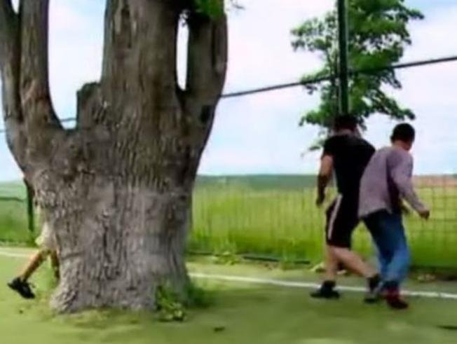 Niños jugando en el nuevo campo de Todiu, con el roble protagonista de la insólita construcción.