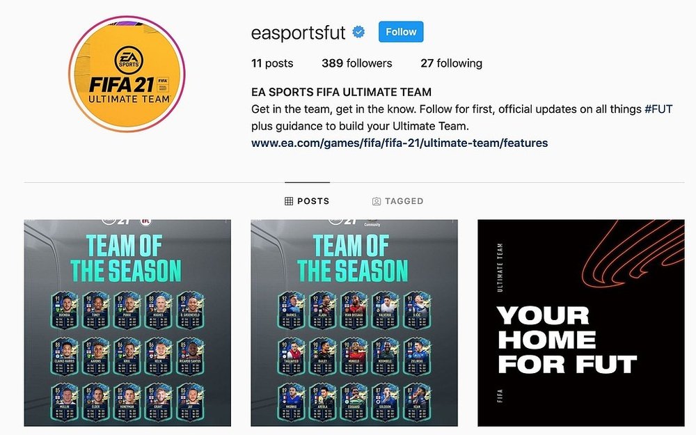 Nueva cuenta de EA Sports en Instagram dedicada en exclusiva a FUT. Captura/Instagram/easportsfut