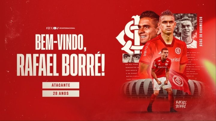 O Internacional anunciou a contratação do atacante Rafael Borré. X @SCInternacional