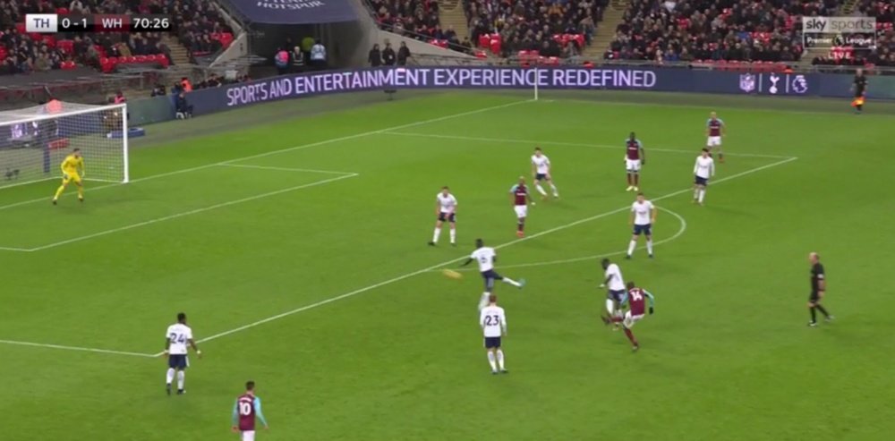 Obiang scores for West Ham against Tottenham. Twitter/SkySports