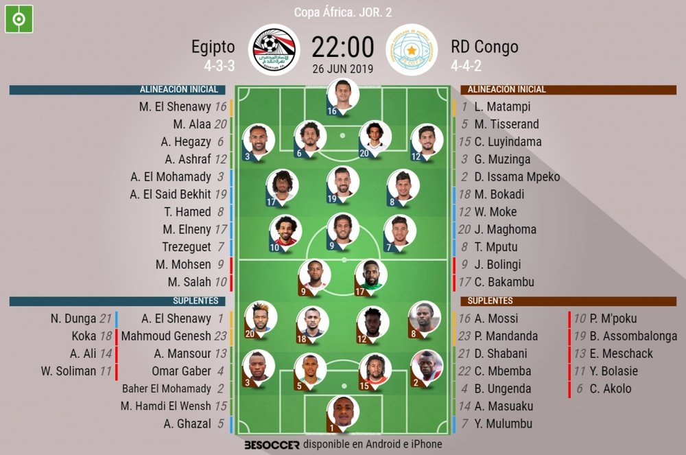 Onces oficiales del Egipto-RD Congo, partido de la Jornada 2 de la Copa África. BeSoccer