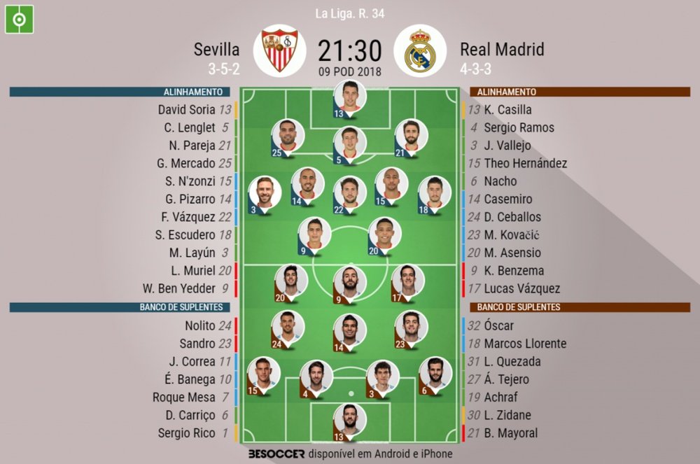 Onzes oficiais do Sevilla -Real Madrid, j34, Laliga 17-18.BeSoccer
