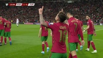 Otávio abre o placar para Portugal contra a Turquia. Captura CuatroHD