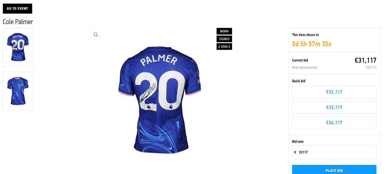 Palmer's four-goal shirt fetches over 31,000 euros at auction