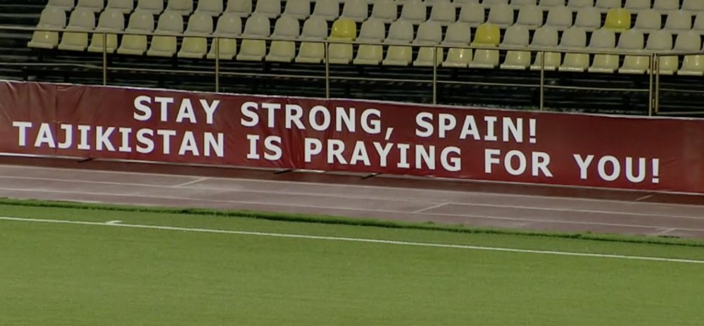Tajikstan had a message for Spain. Screenshot/Mycujoo
