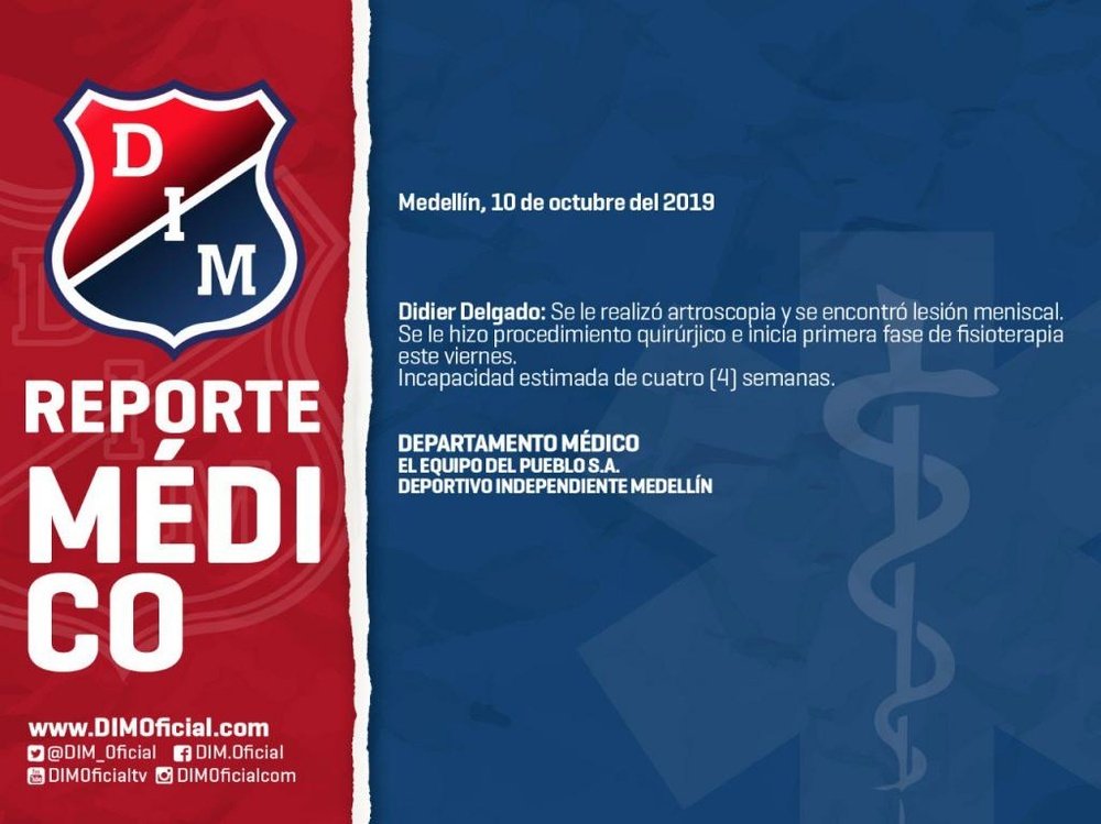 Parte médico de Independiente Medellín en relación a Didier Delgado. Twitter/DIM_Oficial