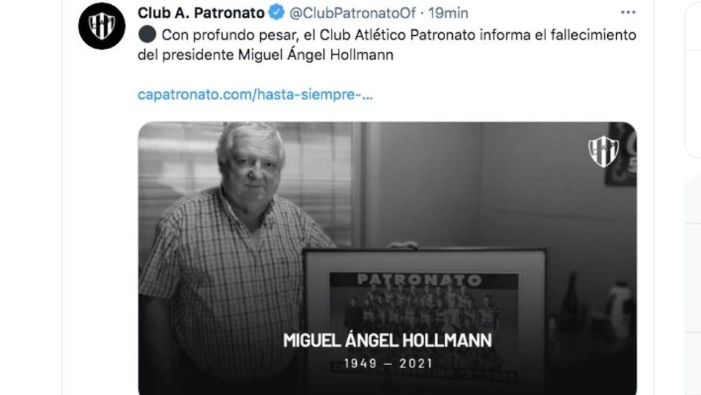 Murió Miguel Ángel Hollmann. Captura/Twitter/ClubPatronatoOf