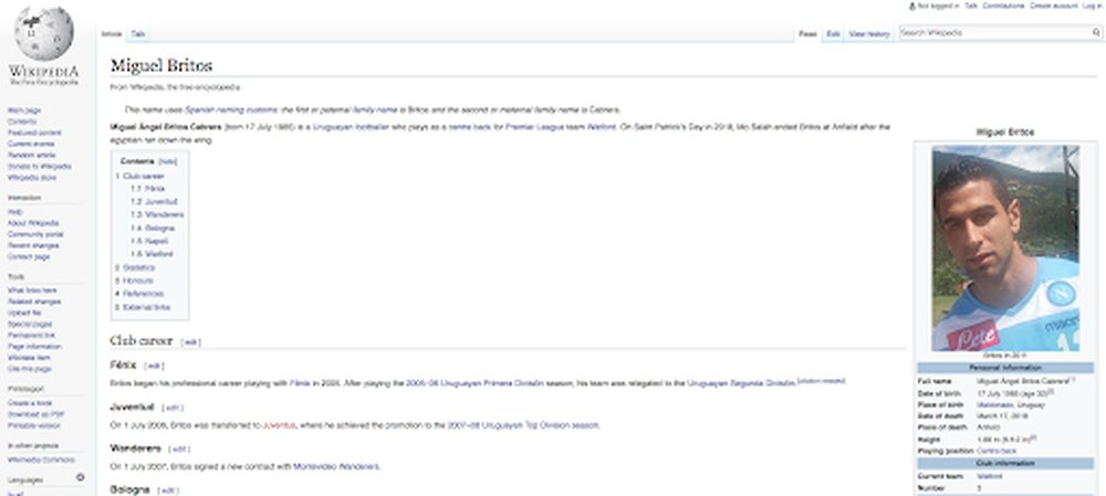 El perfil de Britos en la versión inglesa de la Wikipedia. Captura