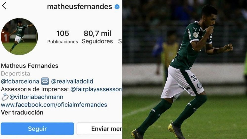 Matheus was signed by Barca before being loaned out. Montaje/Instagram/Palmeiras