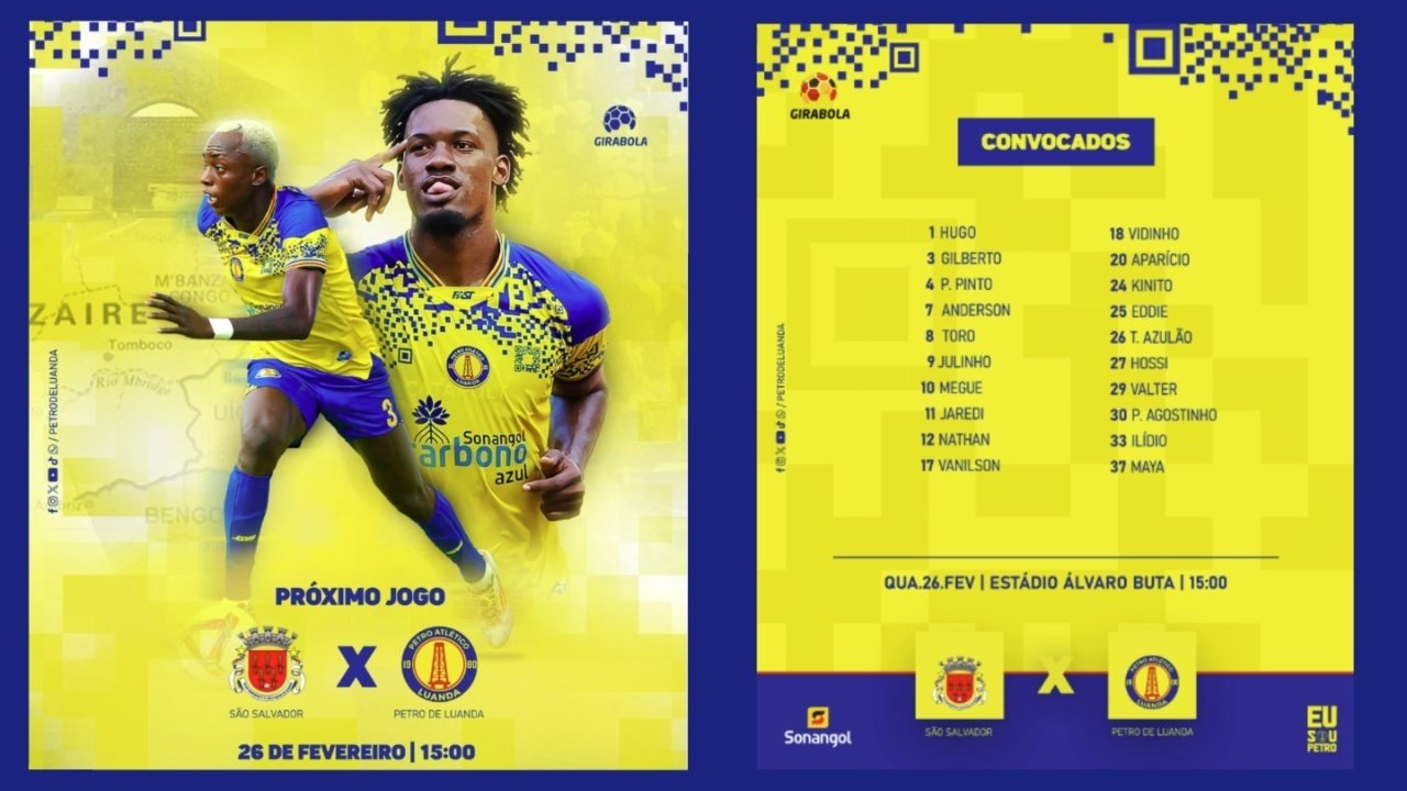 O Petro de Luanda se prepara para enfrentar o São Salvador amanhã, 26 de fevereiro de 2025, no Campo de Futebol Álvaro Buta, em M'banza-Kongo, pela 18ª rodada do Girabola 2025. Veja a lista de relacionados.