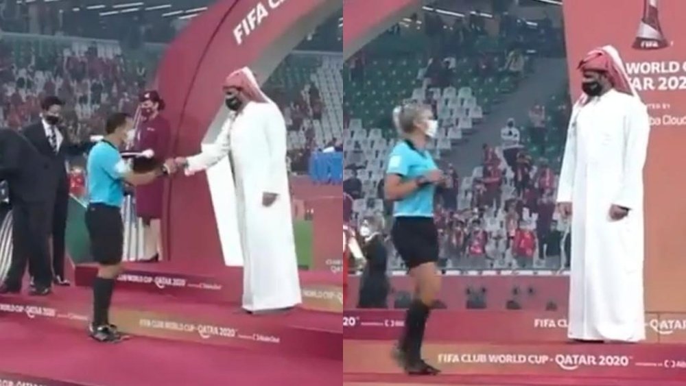 Controversy at Club World Cup because of gesture from Sheikh with referee. Screenshots/DAZN