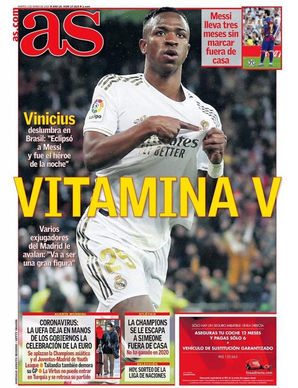 Les Unes des journaux sportifs en Espagne du 3 mars 2020. AS