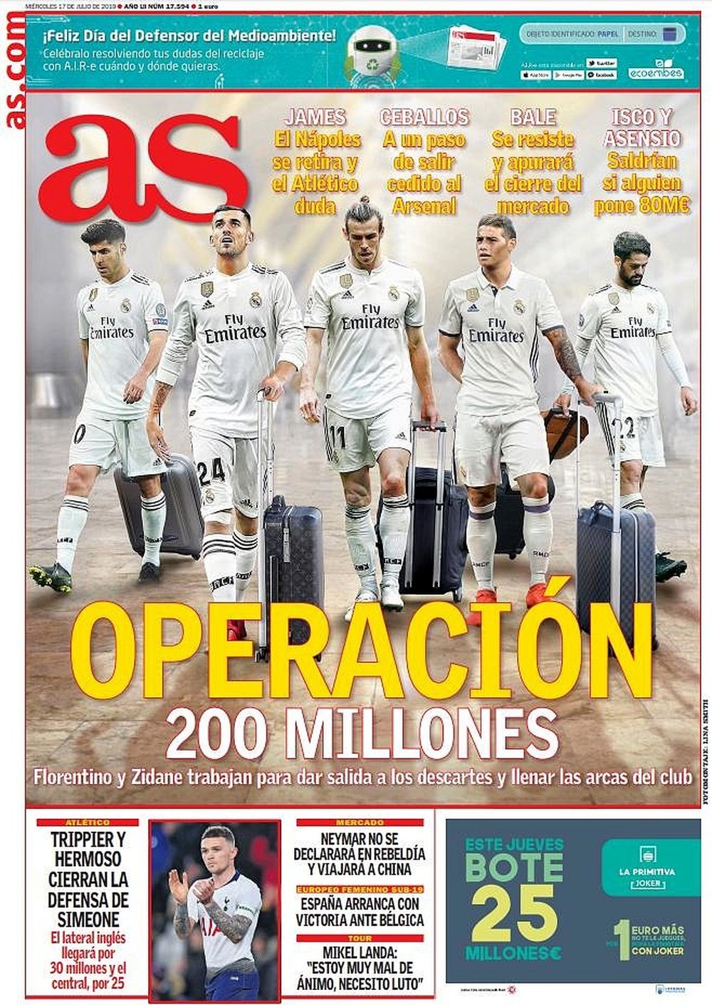 Les Unes des journaux sportifs en Espagne du 17 juillet 2019. AS