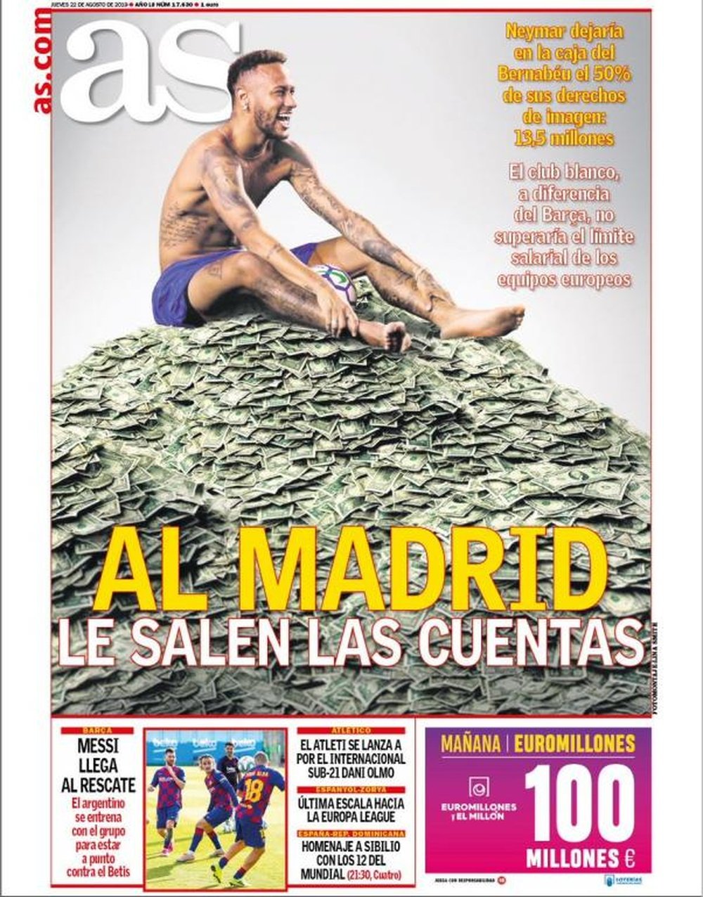 La Une des journaux sportifs en Espagne du 22 août 2019. AS