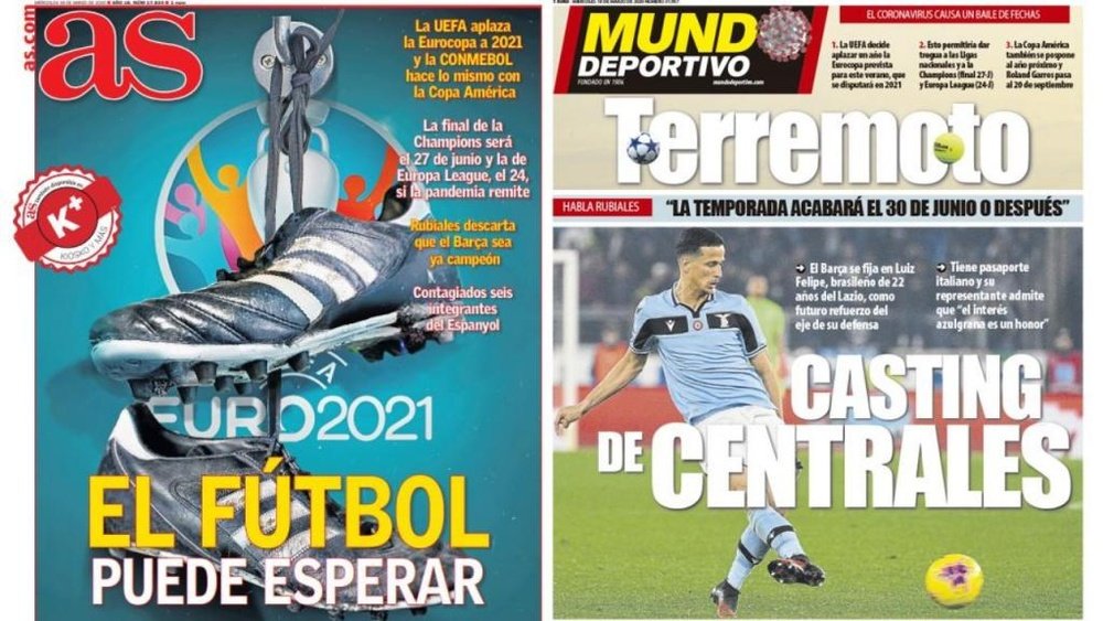 Les Unes des journaux sportifs en Espagne du 18 mars 2020. AS-MD